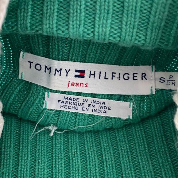 Early 2000's Preppy Tommy Hilfiger Green Cotton Knitted Turtleneck Sweater S - Picture 7 of 8
